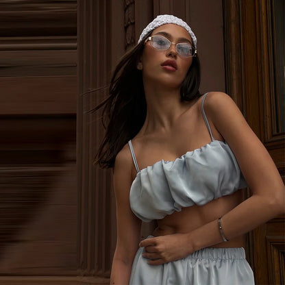 Satin-Zweiteiler Damen – Plissiertes Crop-Top & Weite Hose Elegant Party