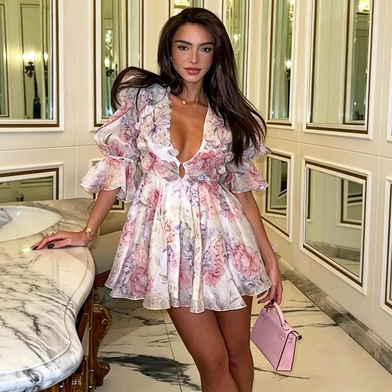3D-Blüten Fairy-Minikleid mit Puffärmeln - JWANOFFIZIELL