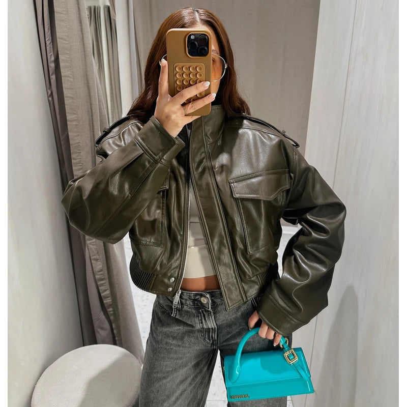 Kunstleder-Bomberjacke Cropped - JWANOFFIZIELL