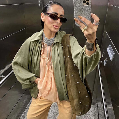 Damen Oversized Bomber Jacke mit Reißverschluss Vintage