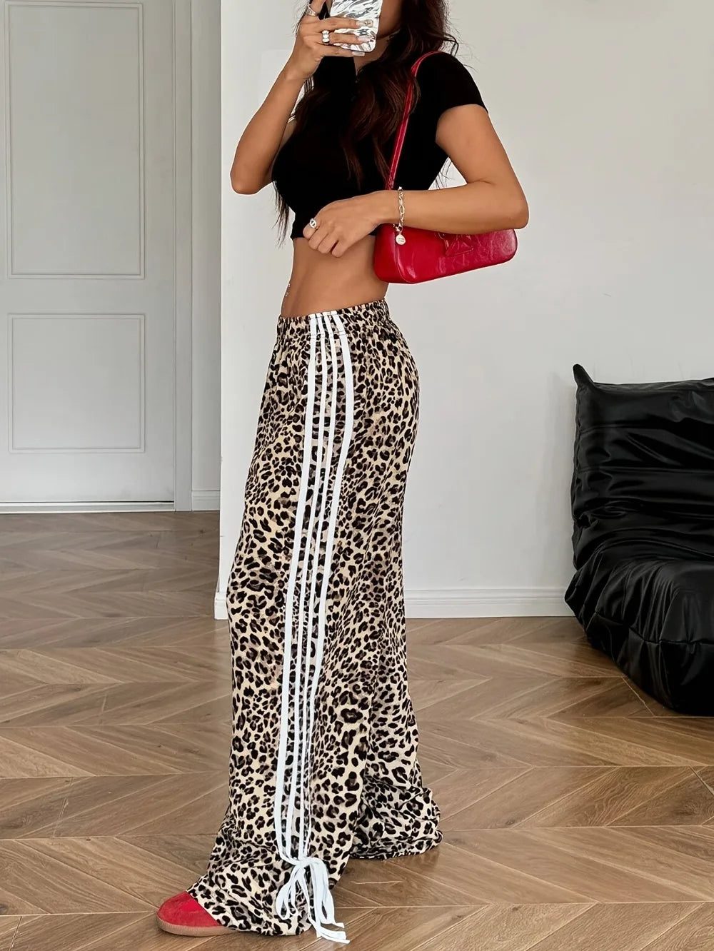 Leopardenmuster-Hose Damen – Y2K Straight Leg Stretch Casual Streetwear