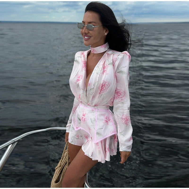Rosen-Print Satin-Playsuit mit Rüschen - JWANOFFIZIELL