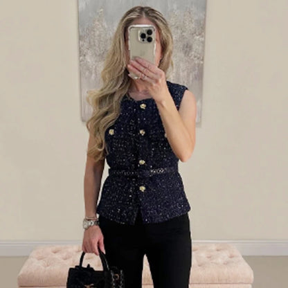 Elegante Ärmellose Strukturweste mit Knopfleiste – Modernes Slim-Fit Layering-Top