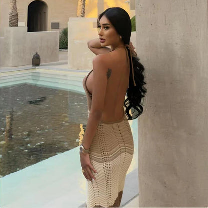 Halter-Strandkleid Damen Einfarbig – Rückenfrei Strick Figurbetonend Sommer