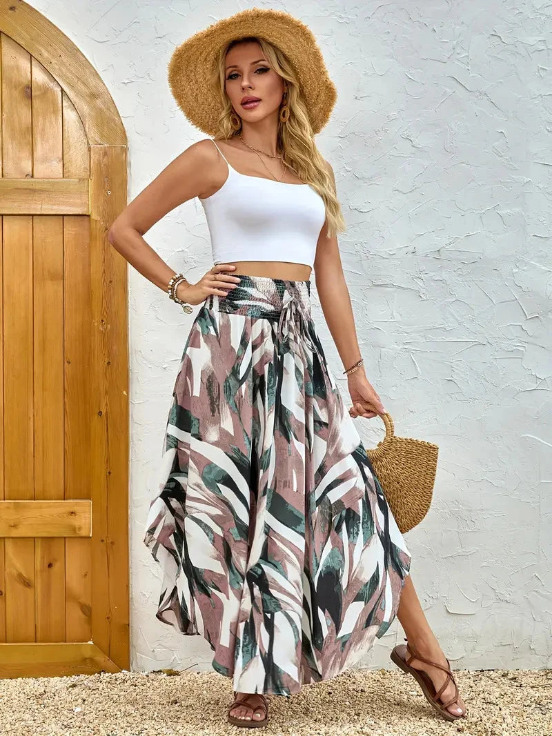 Damen Boho Maxi Rock mit Print Hoher Bund Strandrock