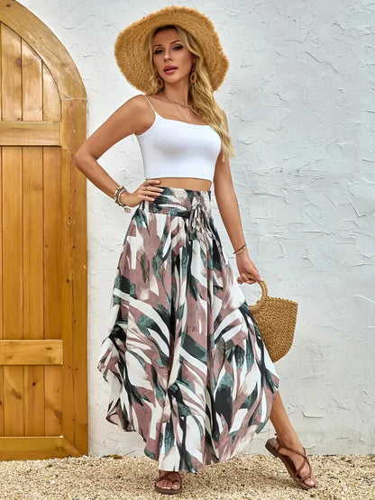 Damen Boho Maxi Rock mit Print Hoher Bund Strandrock