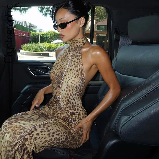 Damen Leopard Neckholder Maxi Kleid mit Bandage