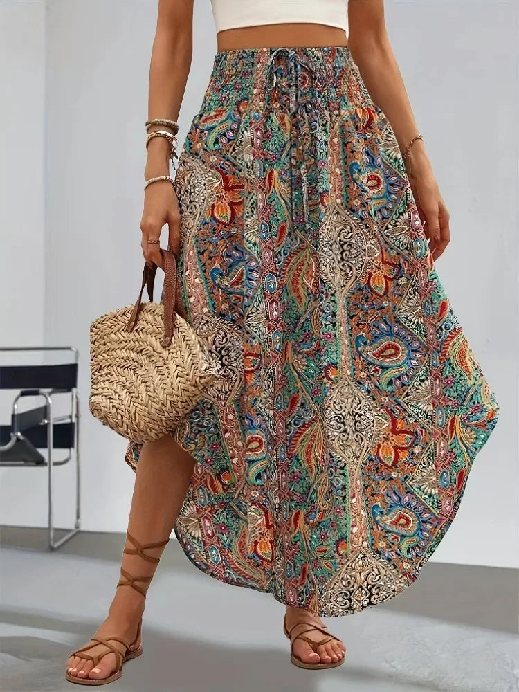 Damen Boho Maxi Rock mit Print Hoher Bund Strandrock