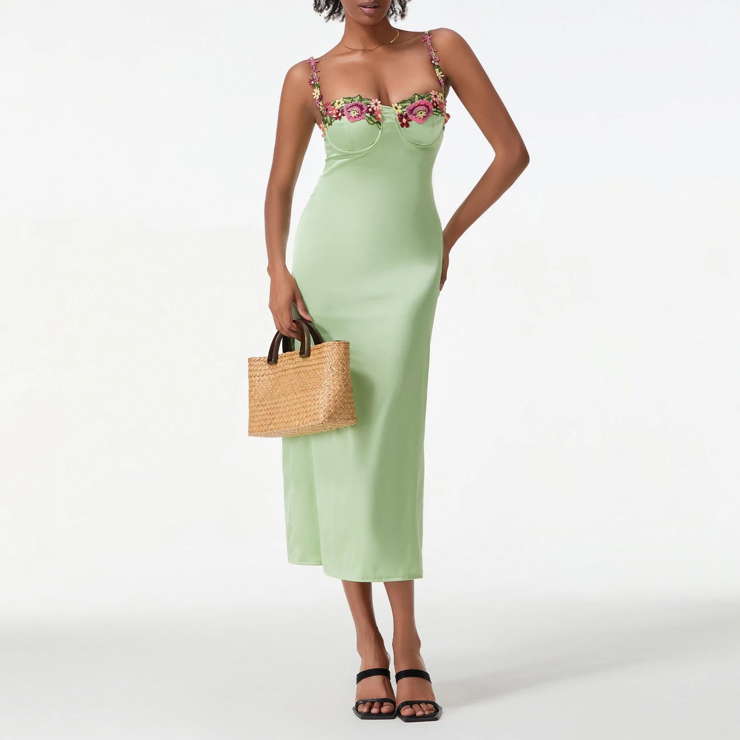 Damen Satin Bodycon Kleid mit Blumenstickerei