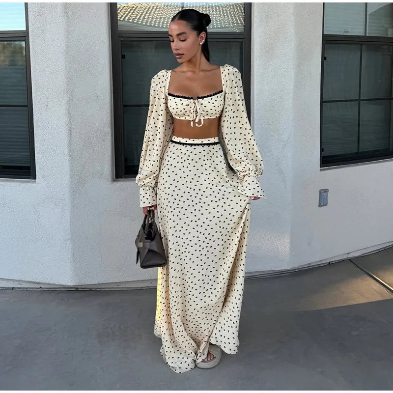 Polka-Dot-Set Damen – Laternenhülsen-Top & Trompetenrock Elegant Sommer
