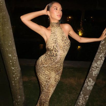 Damen Leopard Neckholder Maxi Kleid mit Bandage