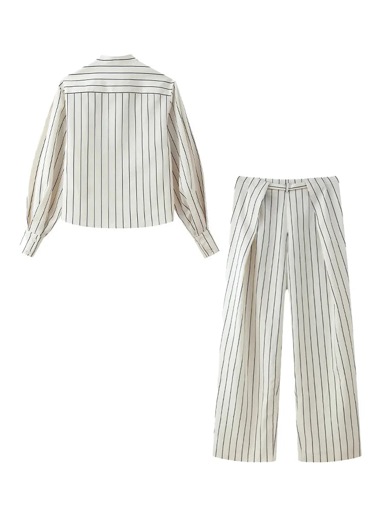 Beige Streifen-Set Puffärmel-Hemd & Hose - JWANOFFIZIELL