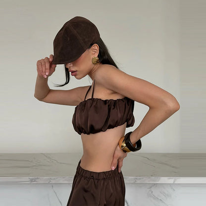 Satin-Zweiteiler Damen – Plissiertes Crop-Top & Weite Hose Elegant Party