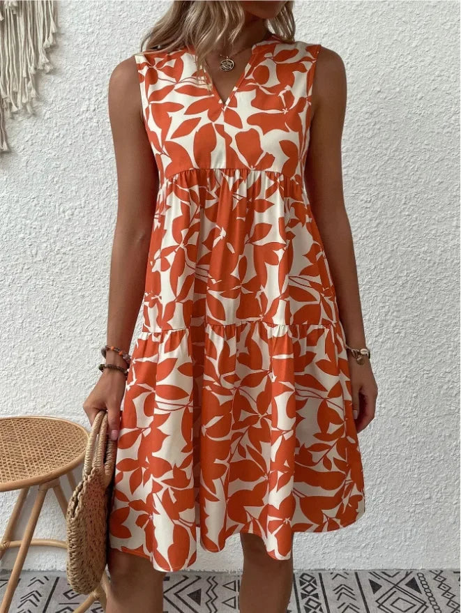 Damen Boho-Kleid mit Print, ärmellos, V-Ausschnitt