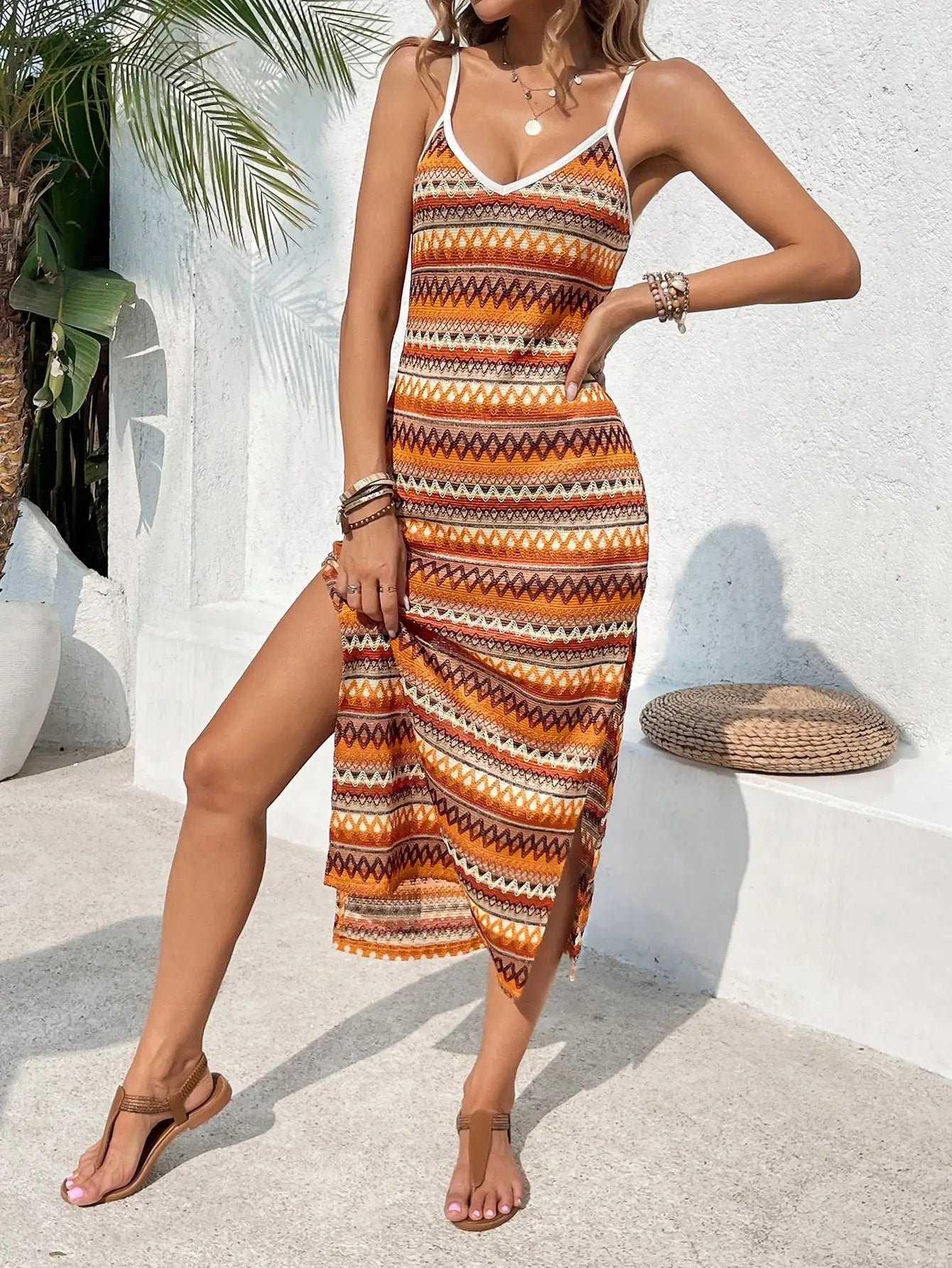 Damen Boho gestreiftes Strick-Maxikleid mit Schlitz