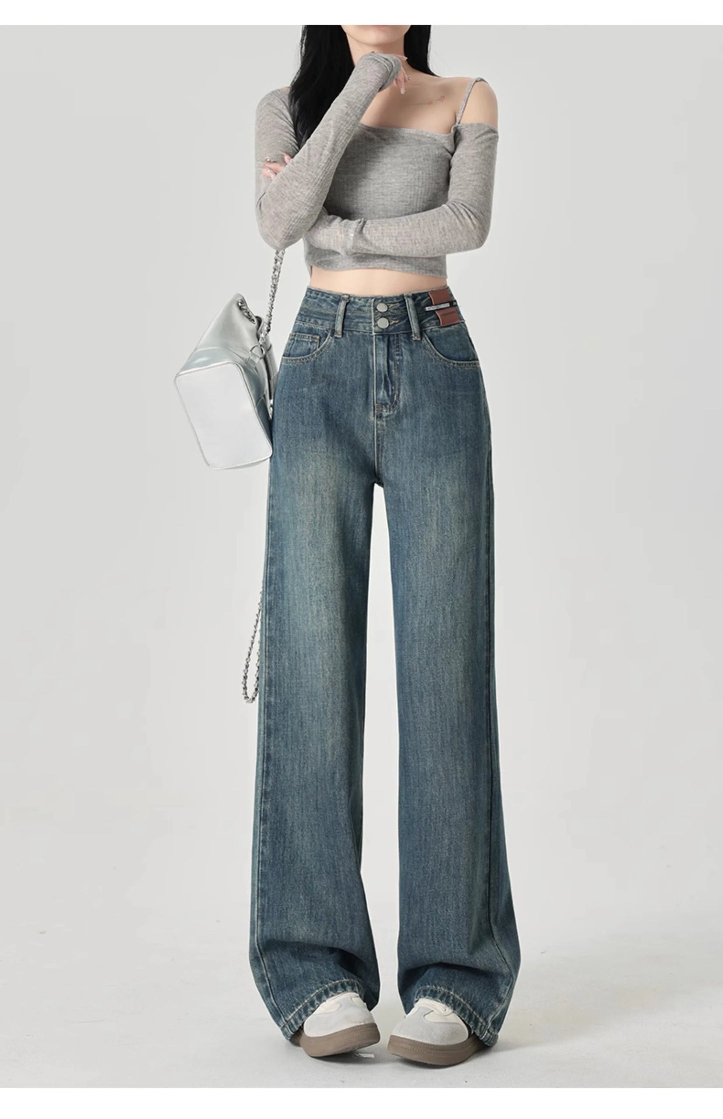 Wide-Leg-Jeans Damen – High-Waist Straight Leg Casual Kontrastfarben