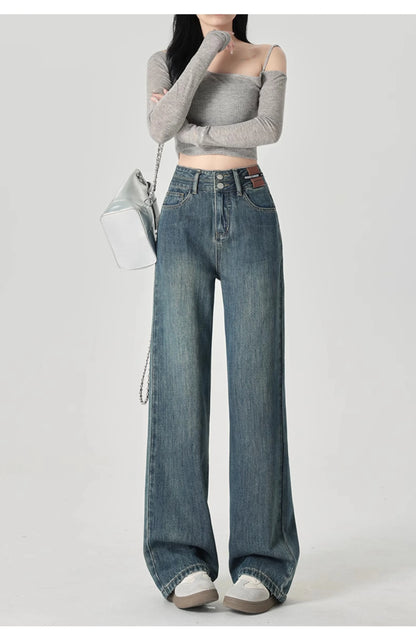 Wide-Leg-Jeans Damen – High-Waist Straight Leg Casual Kontrastfarben