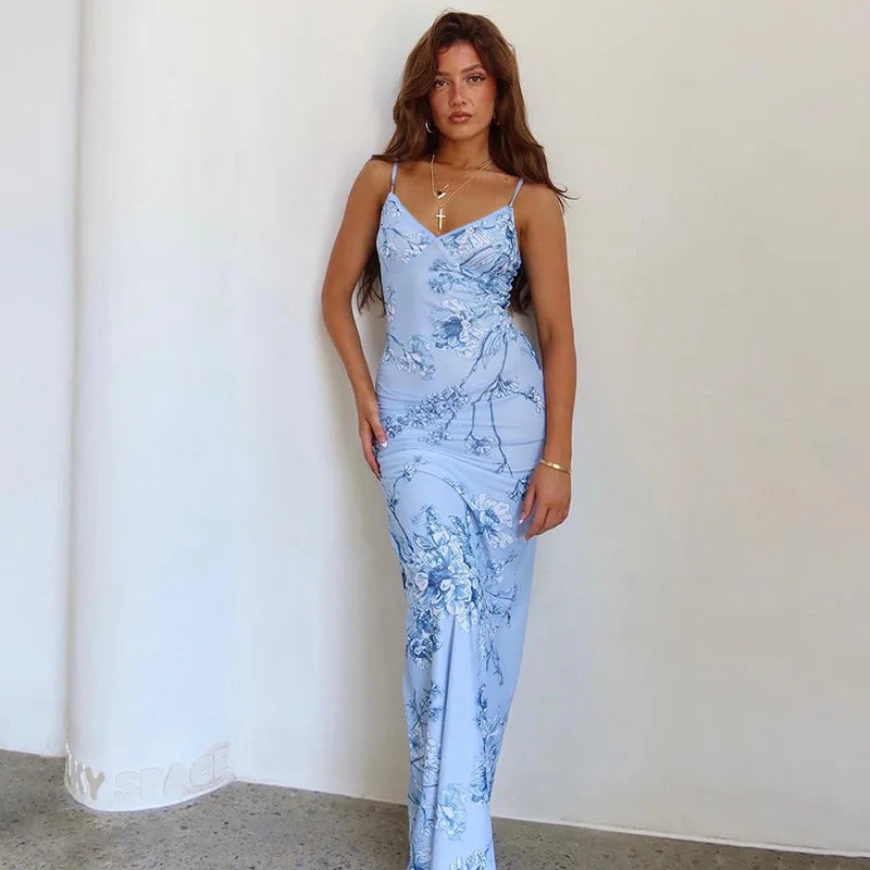 Damen Trägerkleid V-Ausschnitt Bedruckt Rückenfrei Sommerkleid
