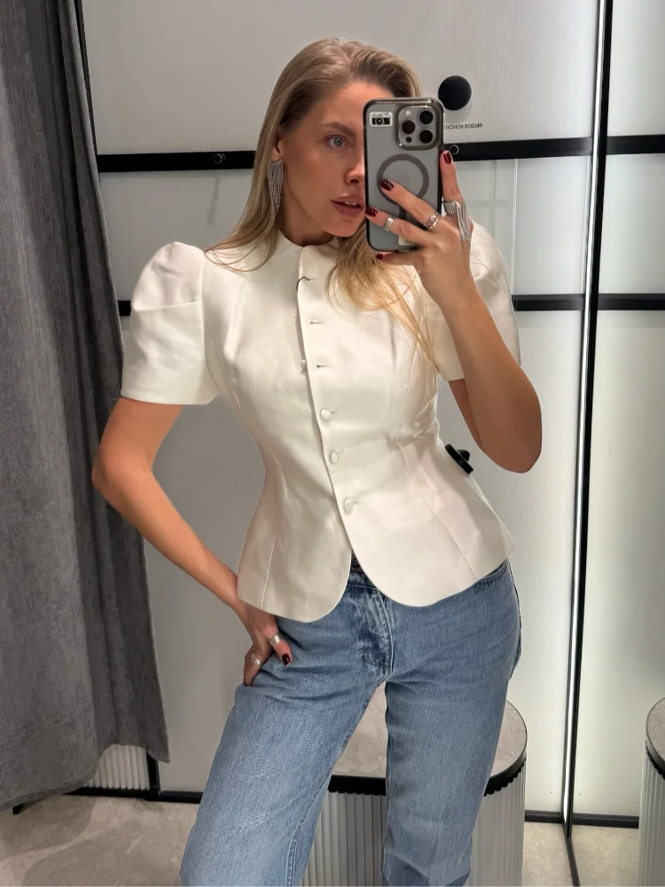 Cropped Puffärmel-Top mit Stehkragen - JWANOFFIZIELL