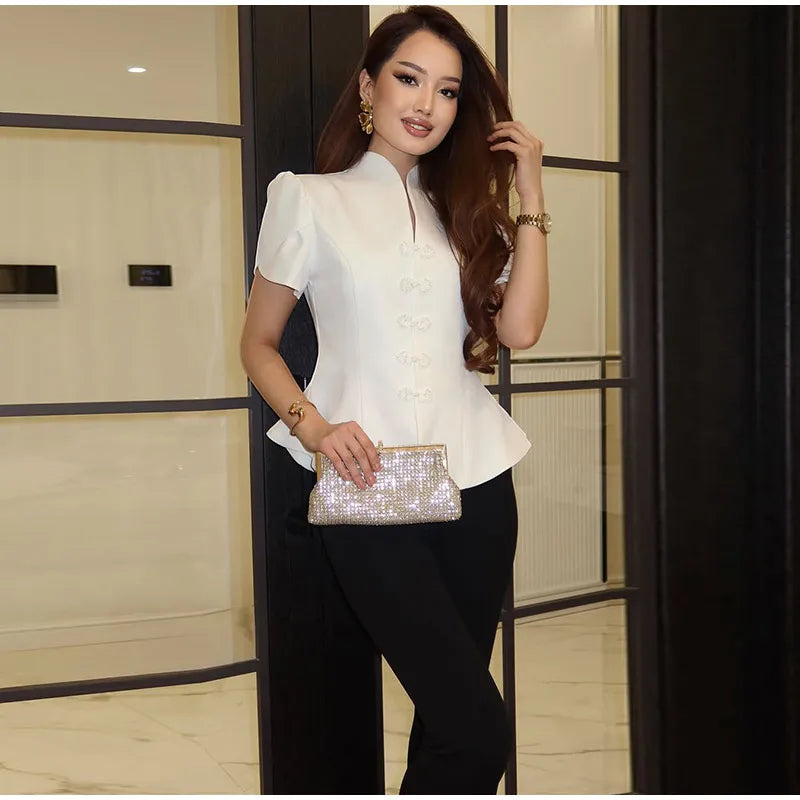 China-Style Kurzarm-Blazer Damen – Stehkragen mit Froschknöpfen