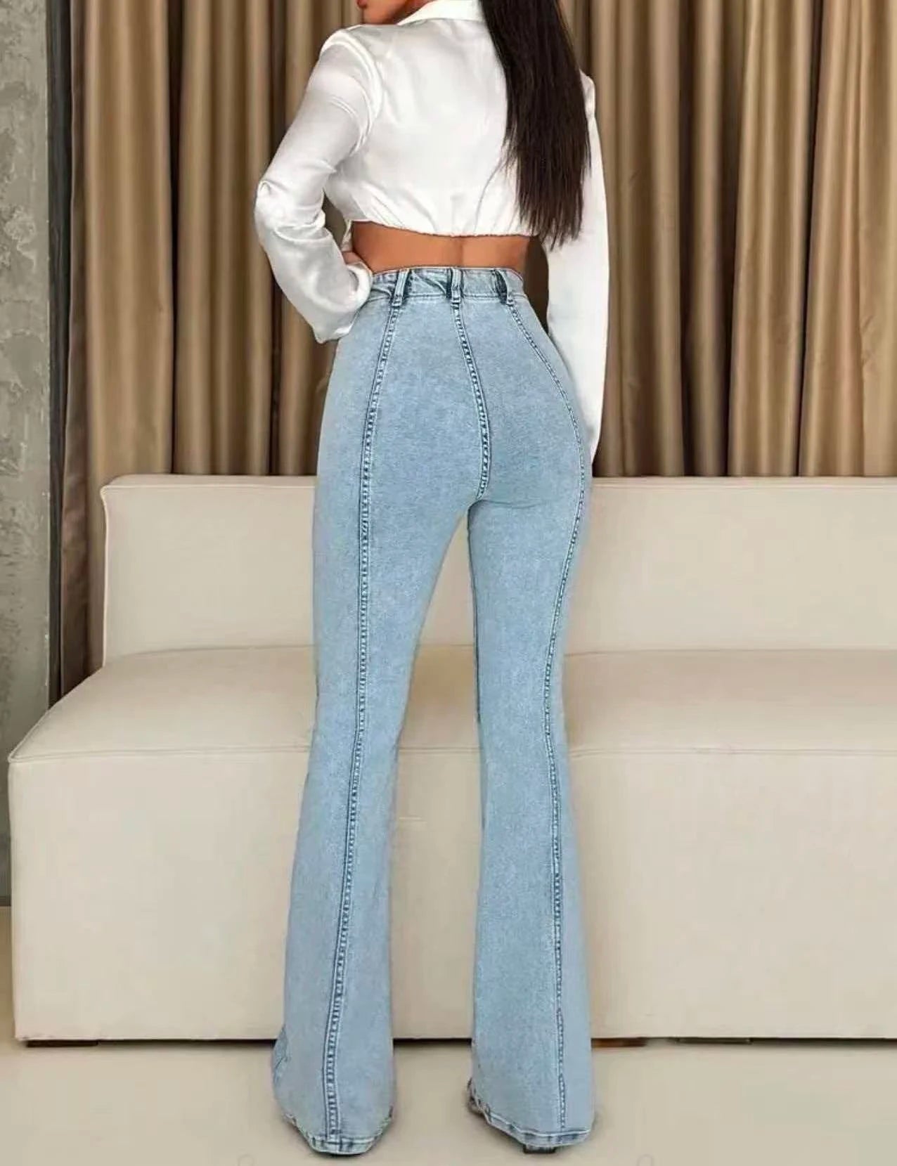 High-Waist-Schlagjeans Damen Hellblau – Vintage Flared Leg Casual Denim