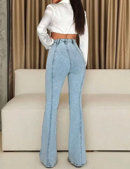 High-Waist-Schlagjeans Damen Hellblau – Vintage Flared Leg Casual Denim