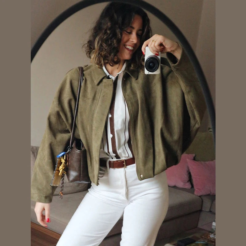 Damen Bomber Jacke Wildleder Reißverschluss High Street Cropped