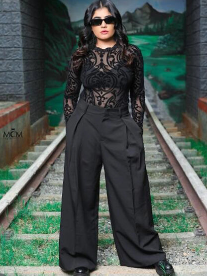 Damen weite Oversize-Hose, gestreift, elegant, Büro
