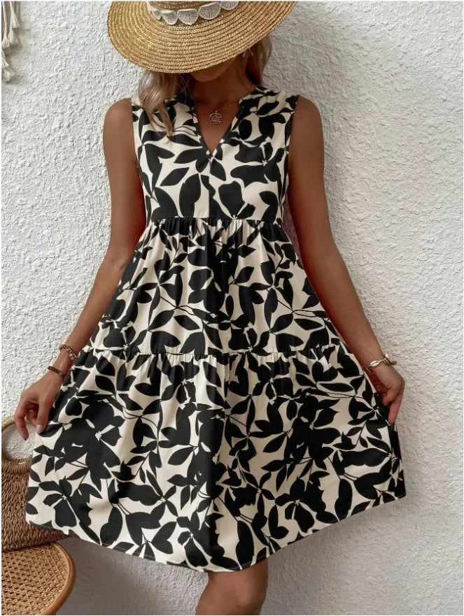 Damen Boho-Kleid mit Print, ärmellos, V-Ausschnitt