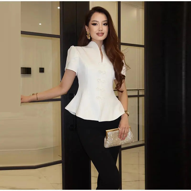 China-Style Kurzarm-Blazer Damen – Stehkragen mit Froschknöpfen
