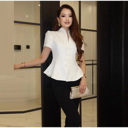 China-Style Kurzarm-Blazer Damen – Stehkragen mit Froschknöpfen