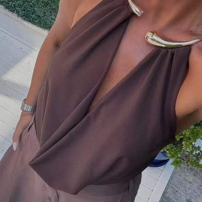 Damen Halter Bodysuit Rückenfrei Ärmellos Sexy