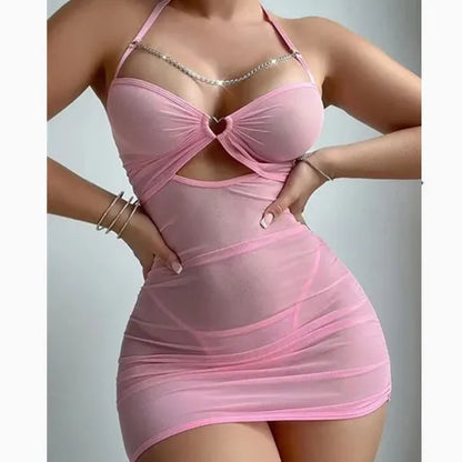 Women Lingerie Set Mesh Nightgown with Chain & Thong