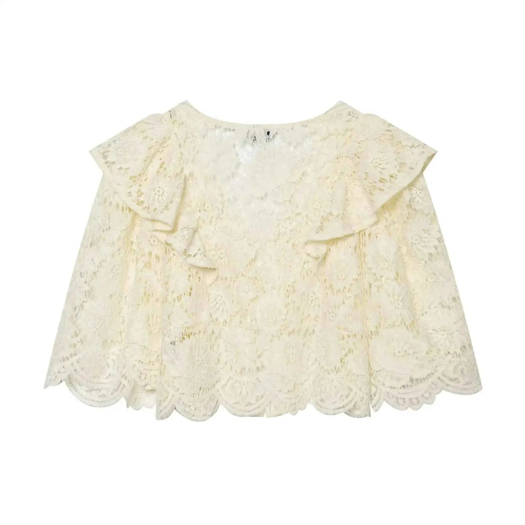TFMLN Women's French Lace Blouses Ruffle Edge Design Hollow Out Casual Blouse Fashion V-neck Elegant Thin Commuting Top Female