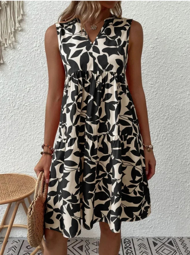 Damen Boho-Kleid mit Print, ärmellos, V-Ausschnitt