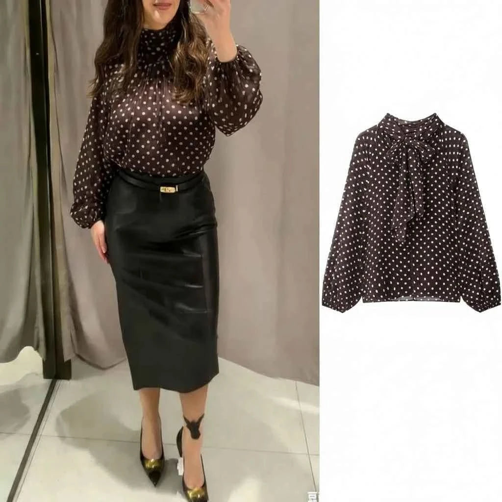 Polka-Dot-Bluse Schleife in Braun - JWANOFFIZIELL