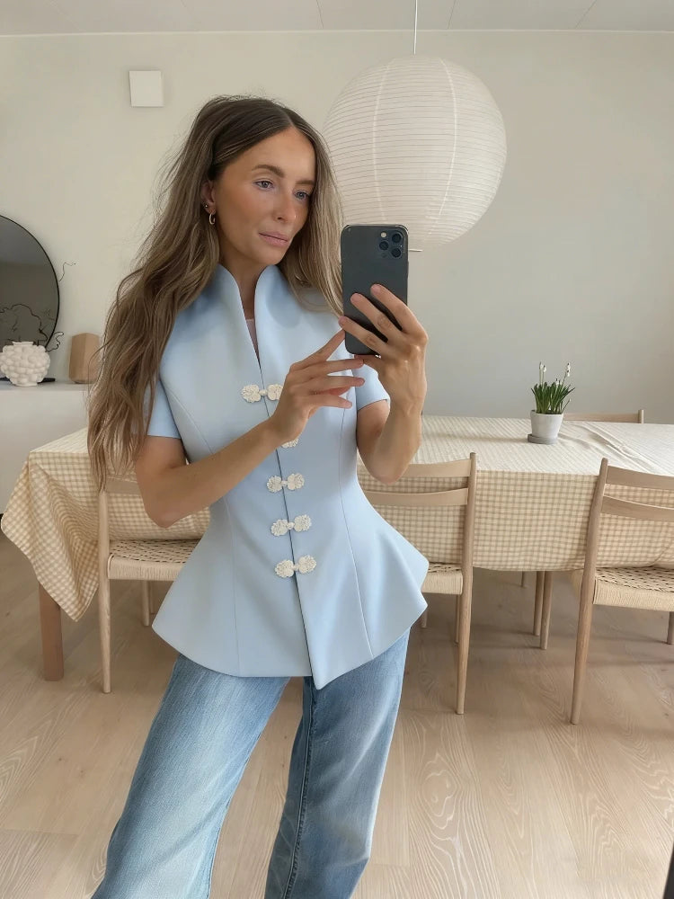 China-Style Kurzarm-Blazer Damen – Stehkragen mit Froschknöpfen
