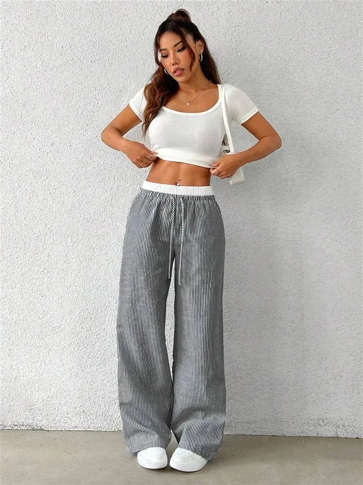 Gestreifte Wide-Leg Hose Damen – Y2K Casual Streetwear Herbst/Winter