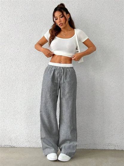 Gestreifte Wide-Leg Hose Damen – Y2K Casual Streetwear Herbst/Winter