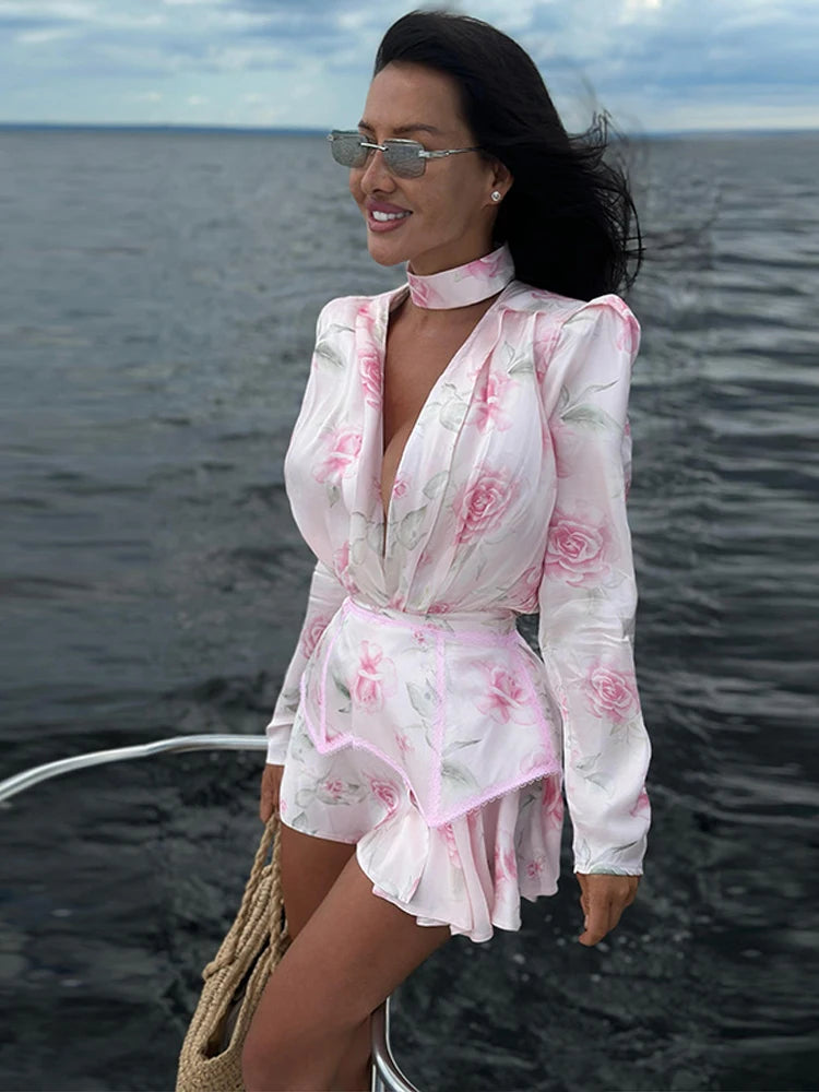 Rosen-Print Satin-Playsuit mit Rüschen - JWANOFFIZIELL