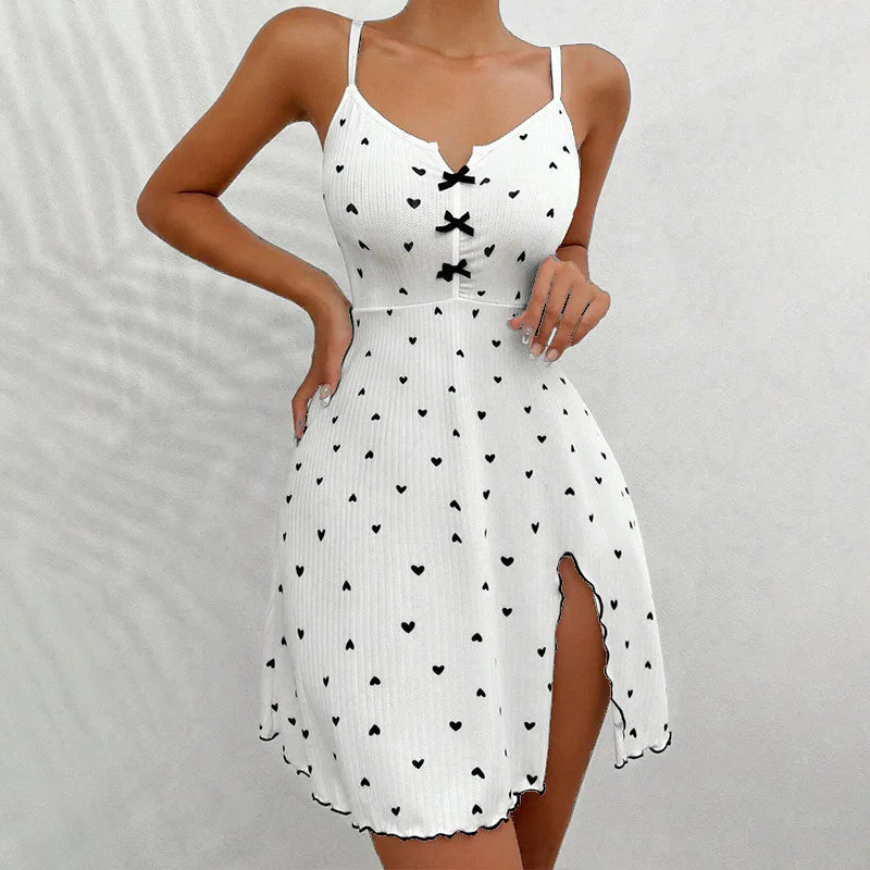 Damen Herzdruck Rippstrick Slip-Kleid Spaghetti-Träger Nachtwäsche