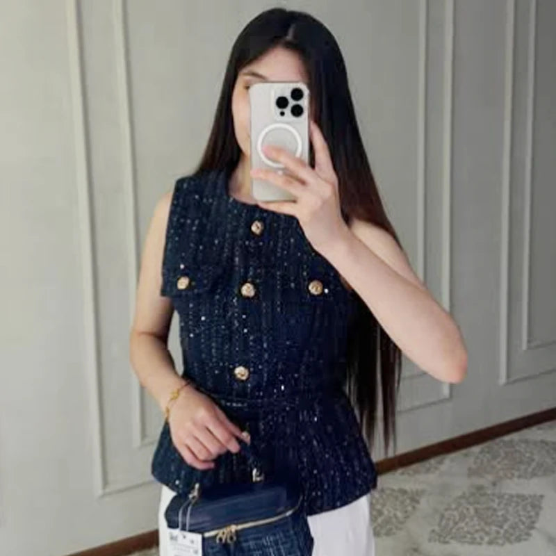 Elegante Ärmellose Strukturweste mit Knopfleiste – Modernes Slim-Fit Layering-Top