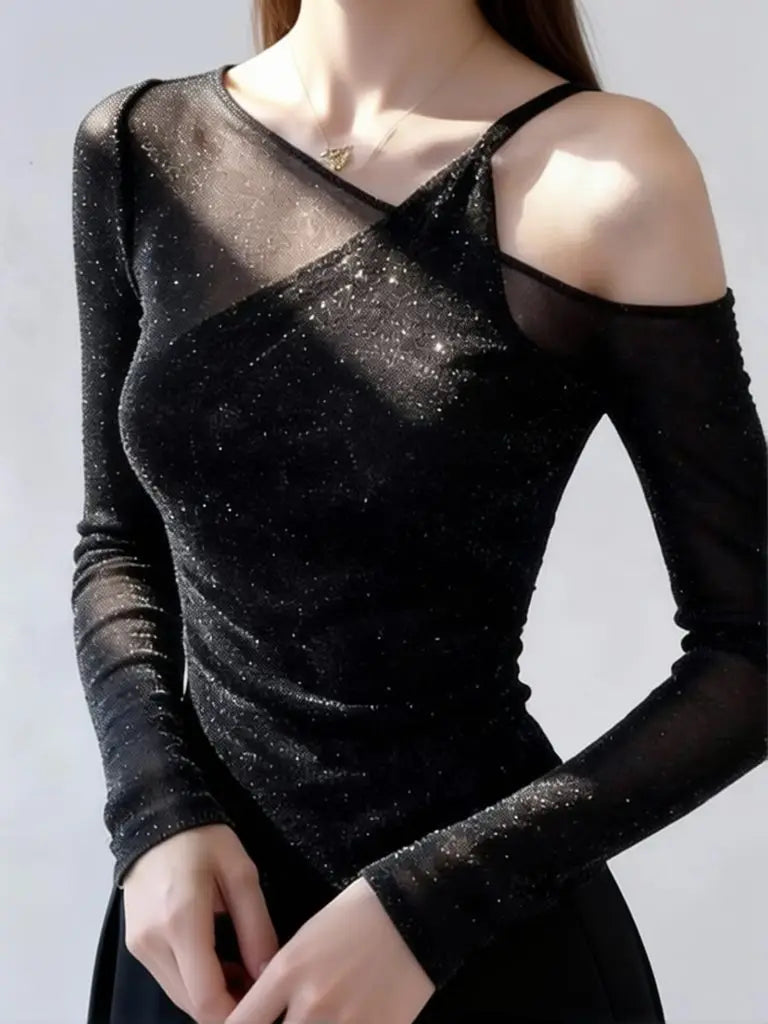 Pailletten Mesh-Top Off-Shoulder Layered - JWANOFFIZIELL