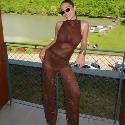 Glamouröse Transparente Pailletten-Hose mit Perlenbesatz – Hoher Bund Party Hose