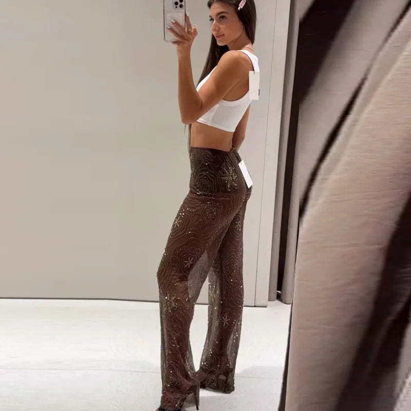 Glamouröse Transparente Pailletten-Hose mit Perlenbesatz – Hoher Bund Party Hose