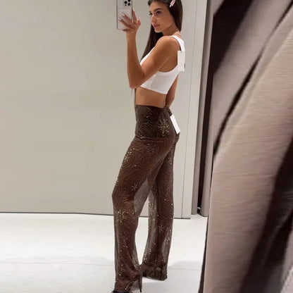 Glamouröse Transparente Pailletten-Hose mit Perlenbesatz – Hoher Bund Party Hose