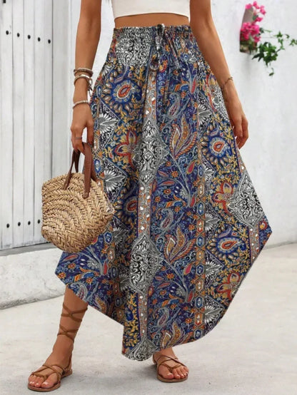 Damen Boho Maxi Rock mit Print Hoher Bund Strandrock
