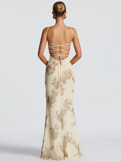Blumen-Stickerei-Maxikleid Damen – Rückenfreies Bandage Tief-V Sommerkleid Elegant