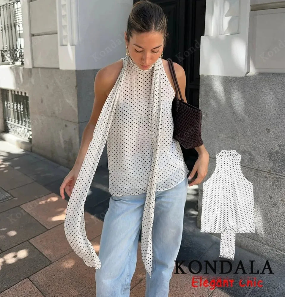 Elegantes Halter-Top mit Polka-Dot-Muster – Rücken-Schnürung Sommerbluse