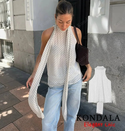 Elegantes Halter-Top mit Polka-Dot-Muster – Rücken-Schnürung Sommerbluse